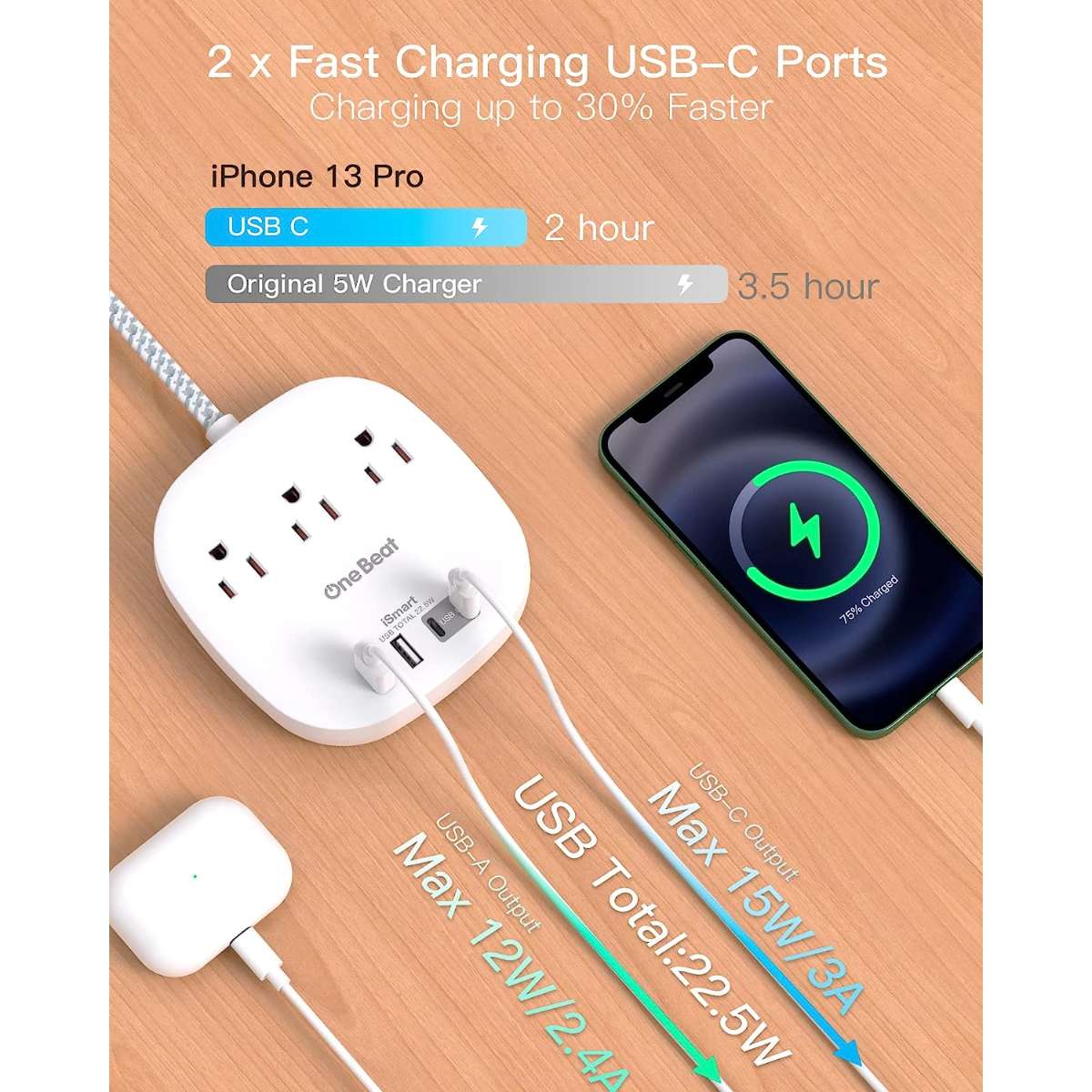 Flat Plug Power Strip, 5 ft Ultra Flat Extension Cord