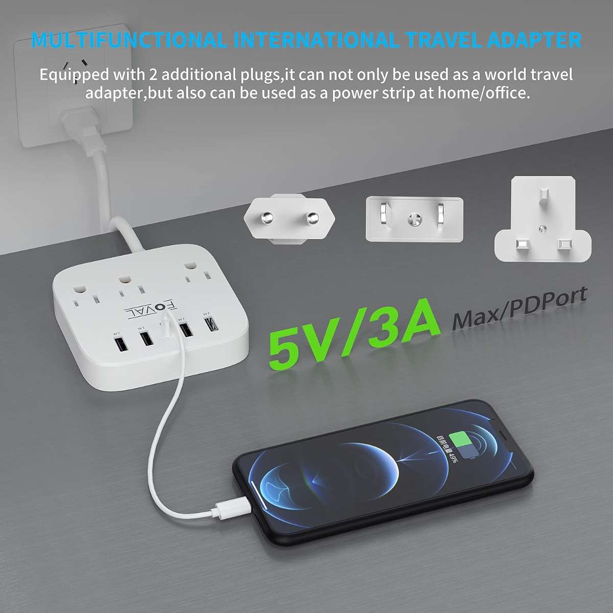 European Travel Plug Adapter, Foval Ouukeus Power Strip