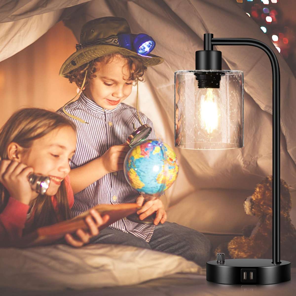 Set of 2 industrial desk lamps with 2 USB ports
