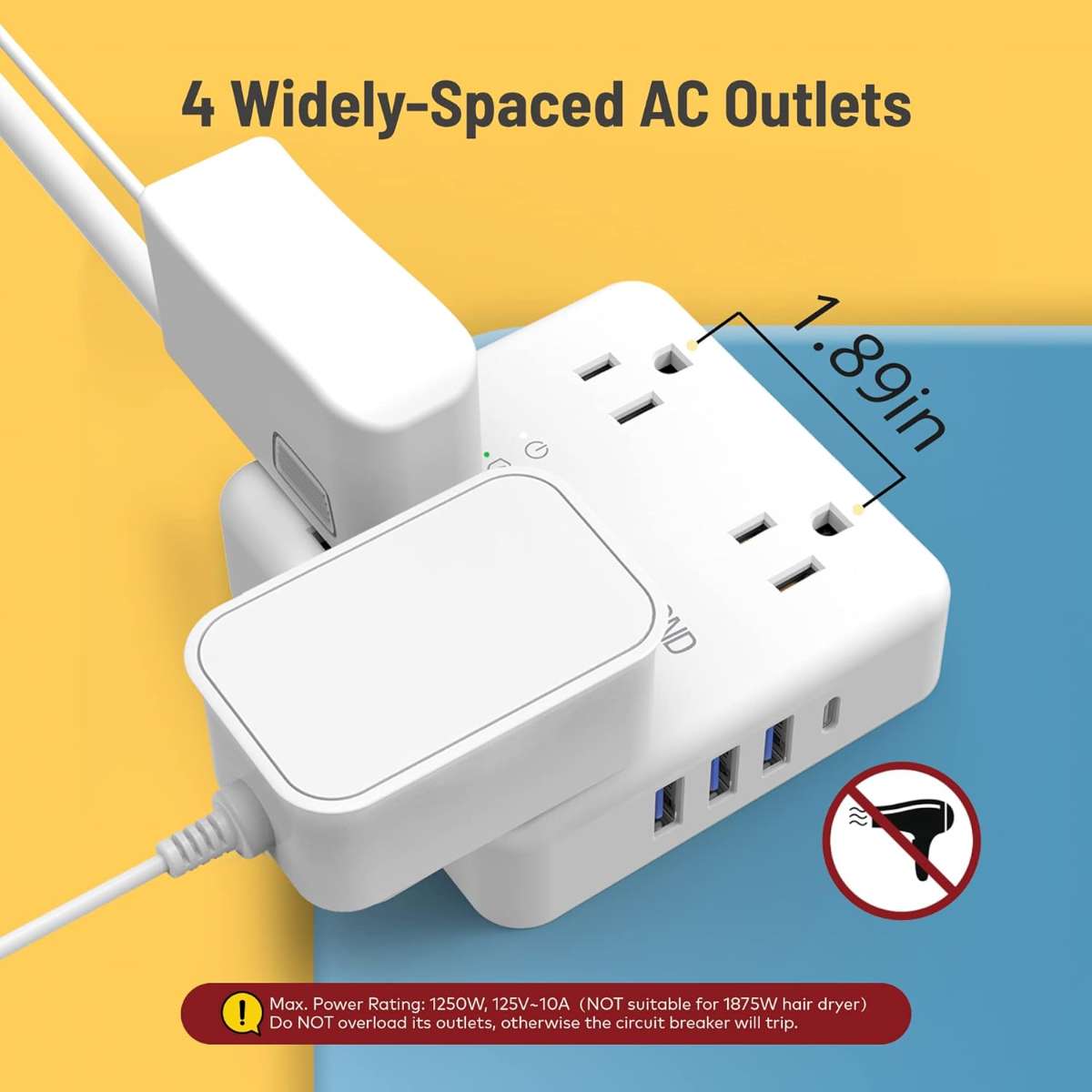 TROND Power Strip Surge Protector - Slim Flat Plug, White