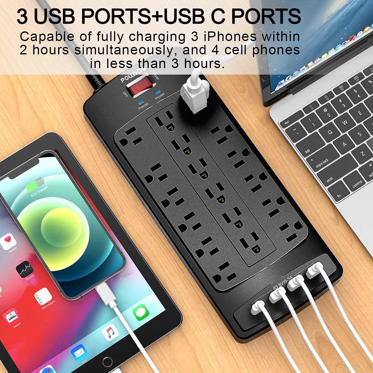 18 Socket Surge Protector Power Strip Black, ETL Certified