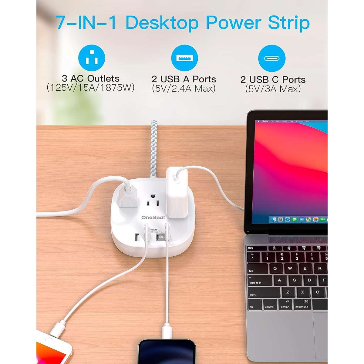 Flat Plug Power Strip, 5 ft Ultra Flat Extension Cord