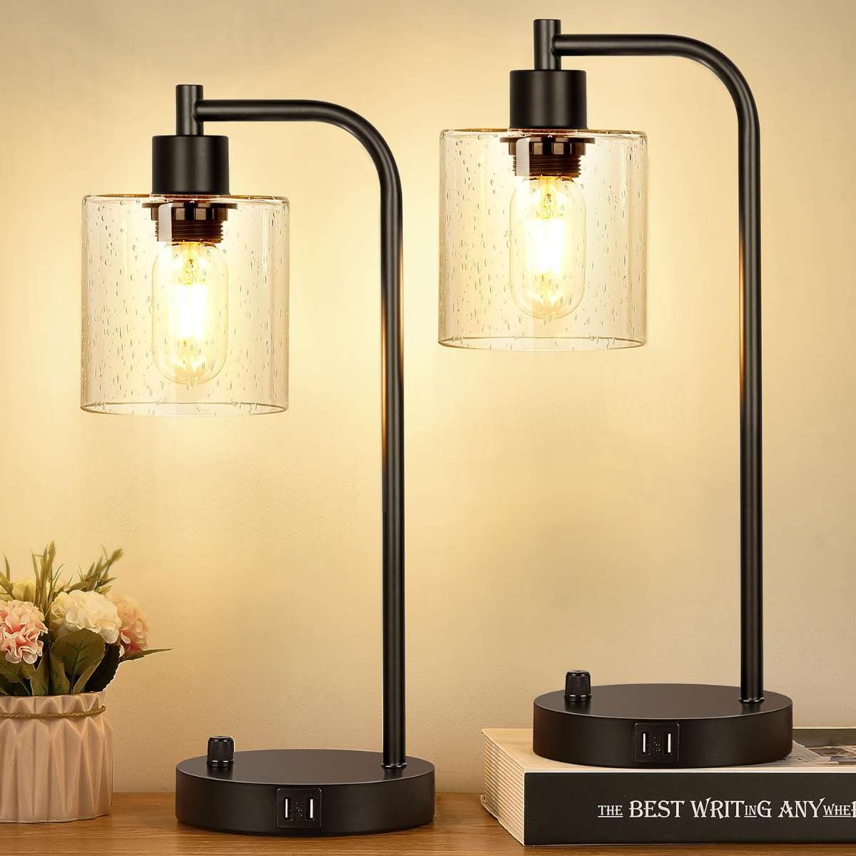 Set of 2 industrial desk lamps with 2 USB ports