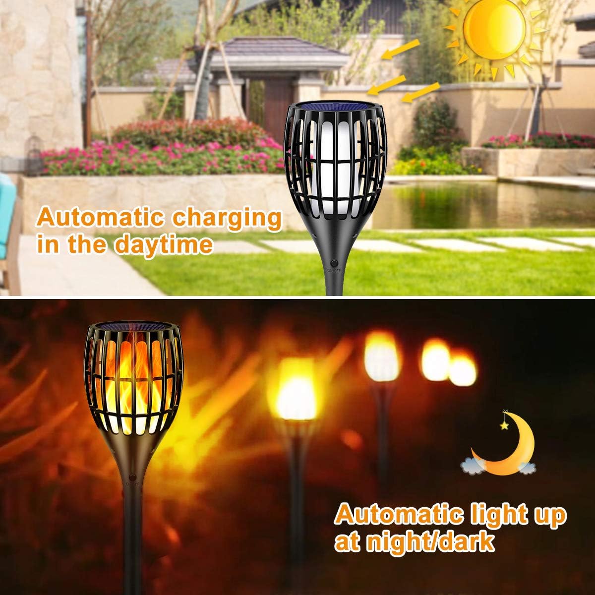 Solar Lights Outdoor, 43 Inch Flashlight Flame Flashlight Solar Garden Lights, Set of 4