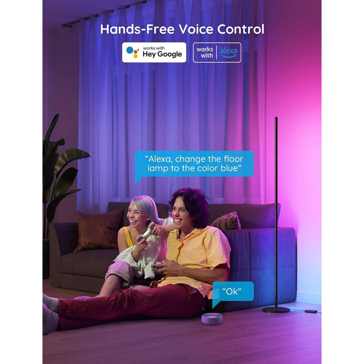The Govig Beach Floor Lamp, Ryder Corner Lamp work in conjunction with Alexa