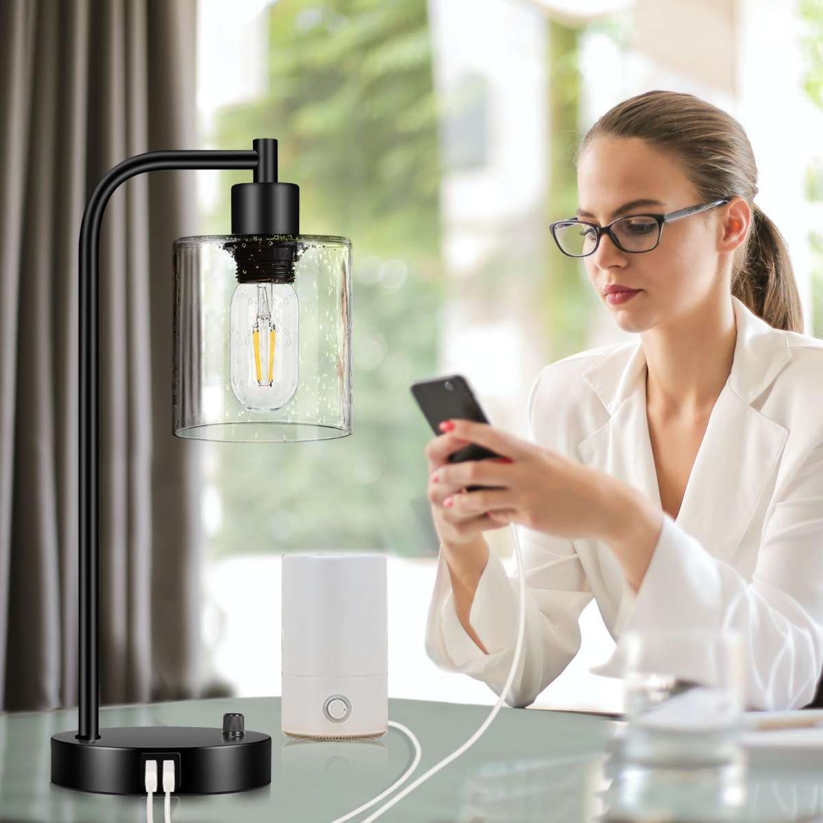 Set of 2 industrial desk lamps with 2 USB ports