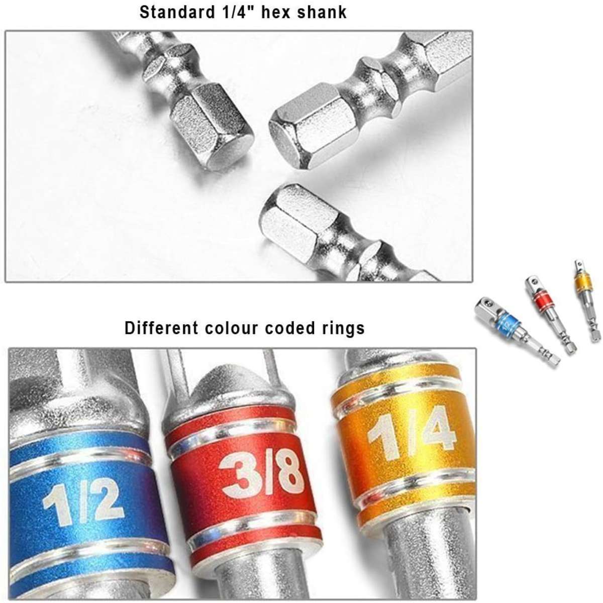 Impact-grade socket adapters/extension kits turn the drill into a high-speed nut driver
