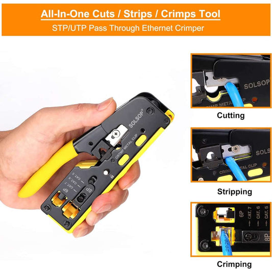 Solsop Pass-Through RJ45 Crimping Tool Kit All-in-One Ethernet Crimping Machine