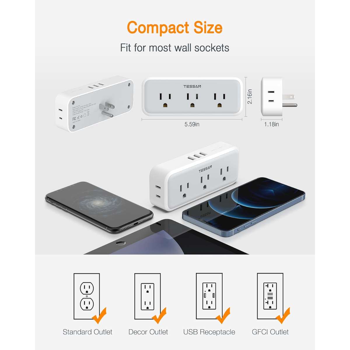 Multi-Plug Socket Distributor, TESSAN Surge Protector 5 Socket Extenders