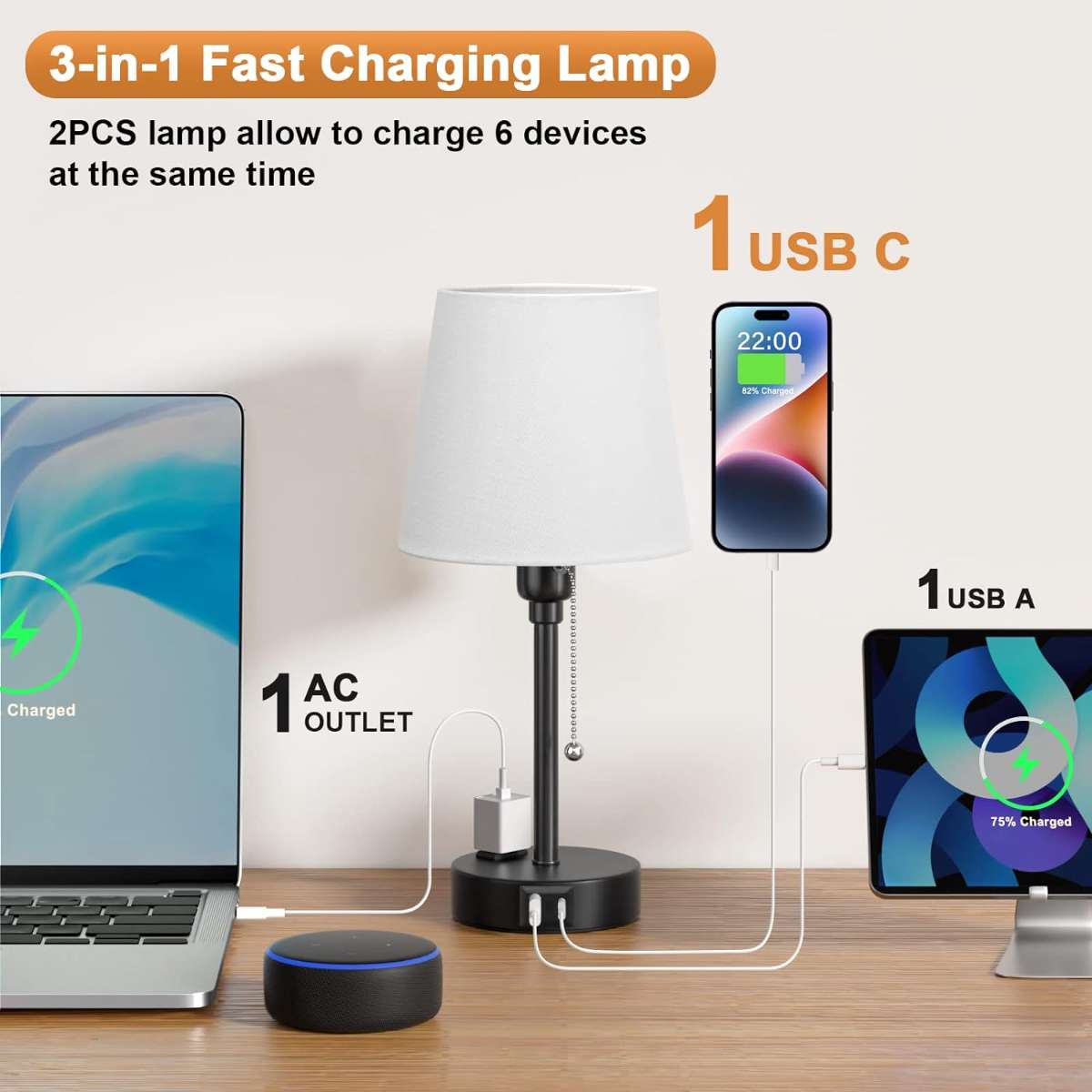 Bedroom bedside lamp, set of 2 with 3 color modes
