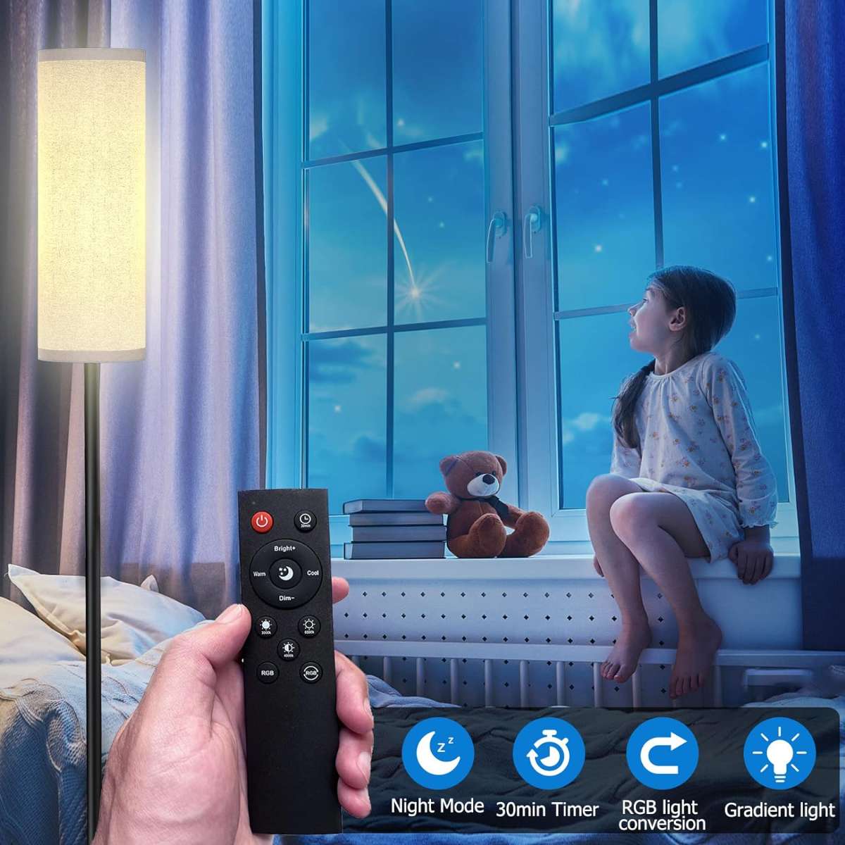 Floor lamp in the living room bedroom with remote control (white)