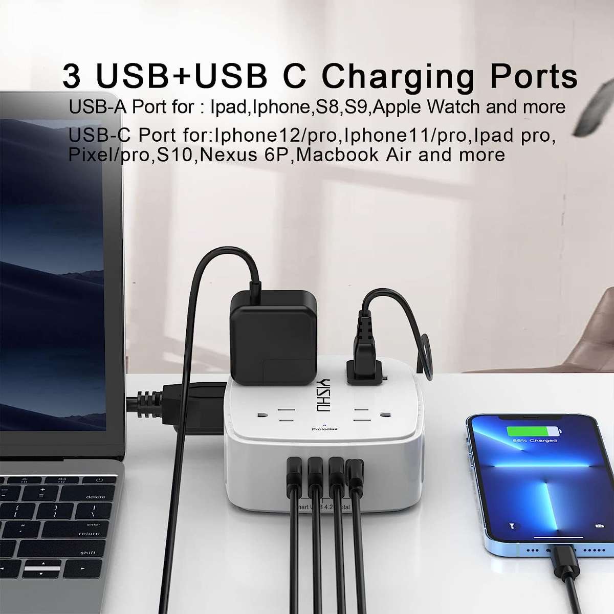 6 ft Surge Protector Power Strip - 8 pcs., ETL, White