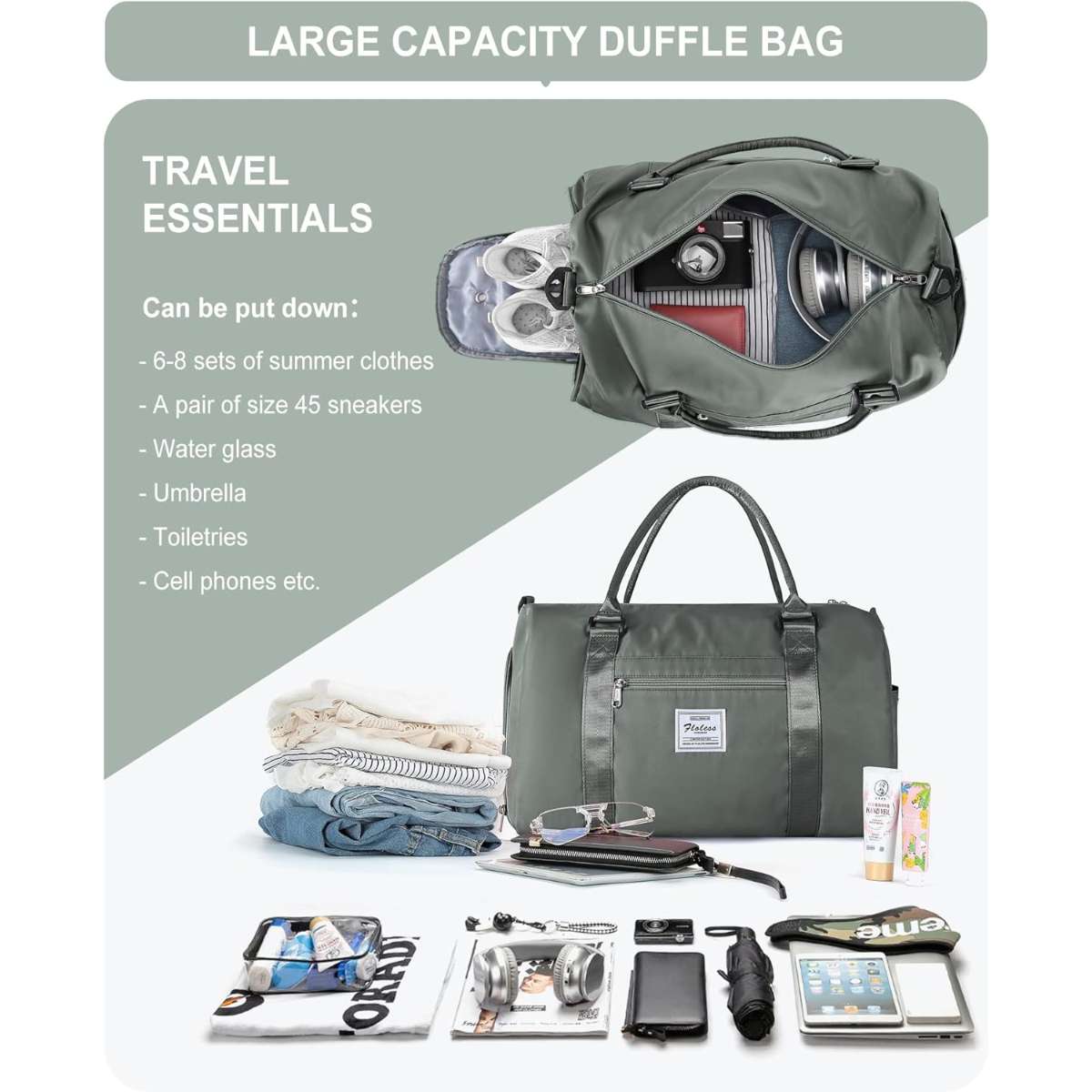 Women's men's duffle bag with shoe compartment and wet pockets