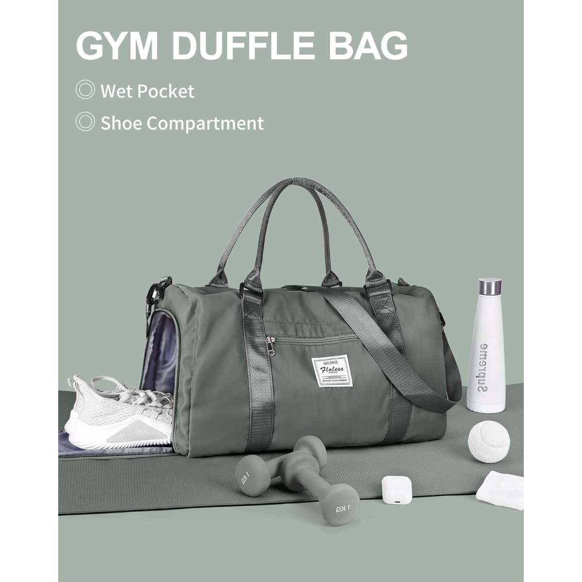 Women's men's duffle bag with shoe compartment and wet pockets