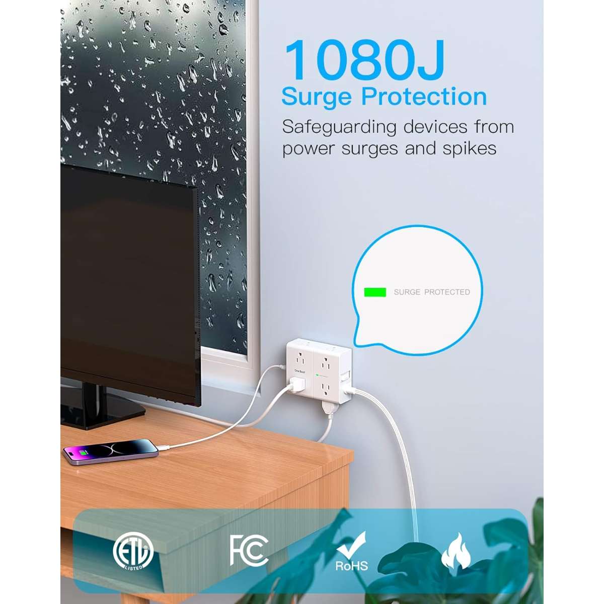 Surge Protector Power Strip, 5 Foot Flat Extension Cord Flat Plug