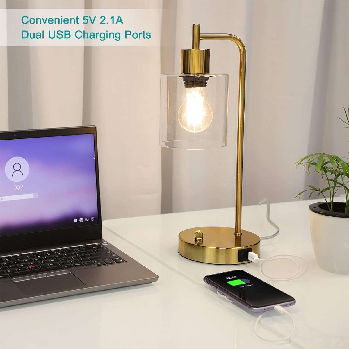 Gold industrial table lamp with 2 USB ports
