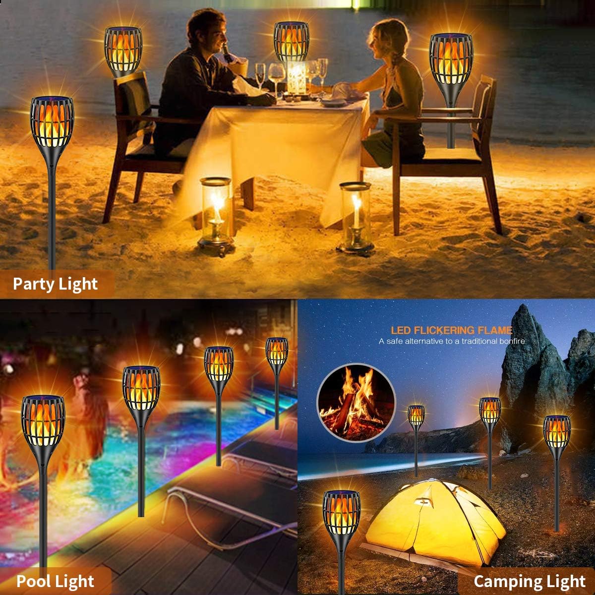 Solar Lights Outdoor, 43 Inch Flashlight Flame Flashlight Solar Garden Lights, Set of 4