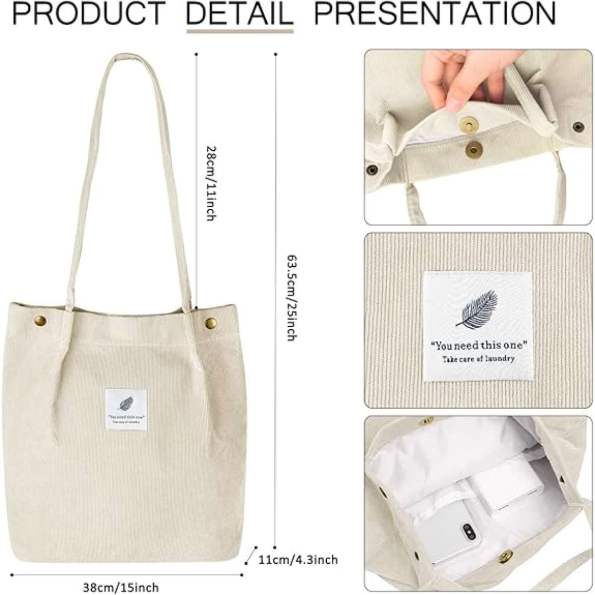 Corduroy Tote Bag for Women Canvas Shoulder Cord Purse with Inner Pocket