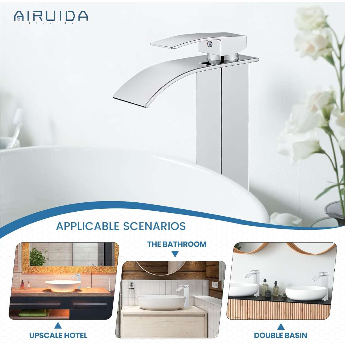Airuida High bathroom faucet single handle single hole large waterfall spout