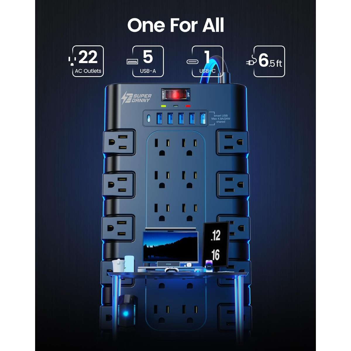 POWER STRIP, SUPERDANNY SURGE PROTECTOR, BLACK