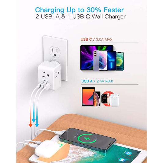 Multi-Plug Socket Extender with 3 USB Wall Chargers
