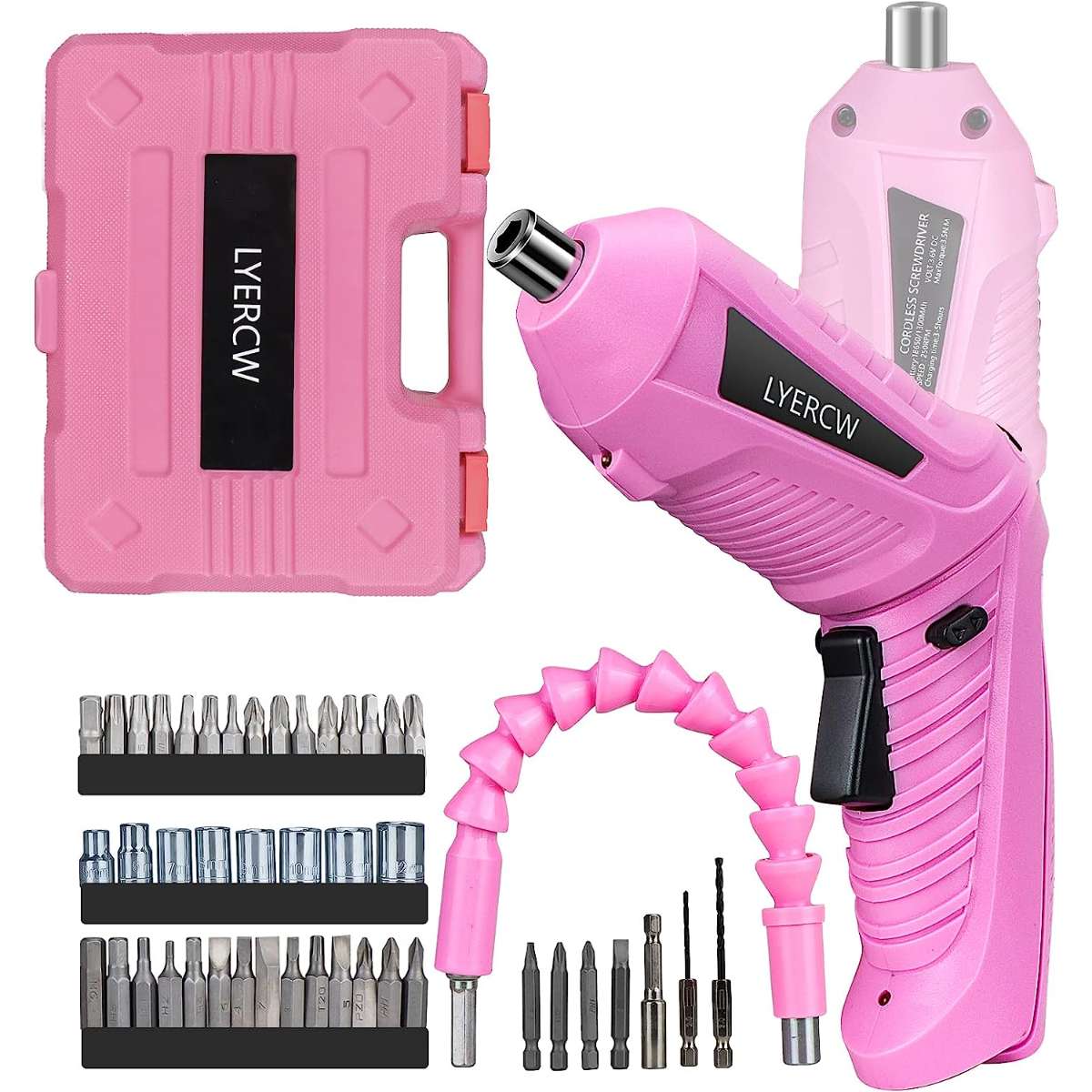 Pink cordless screwdriver set with rechargeable battery and charger