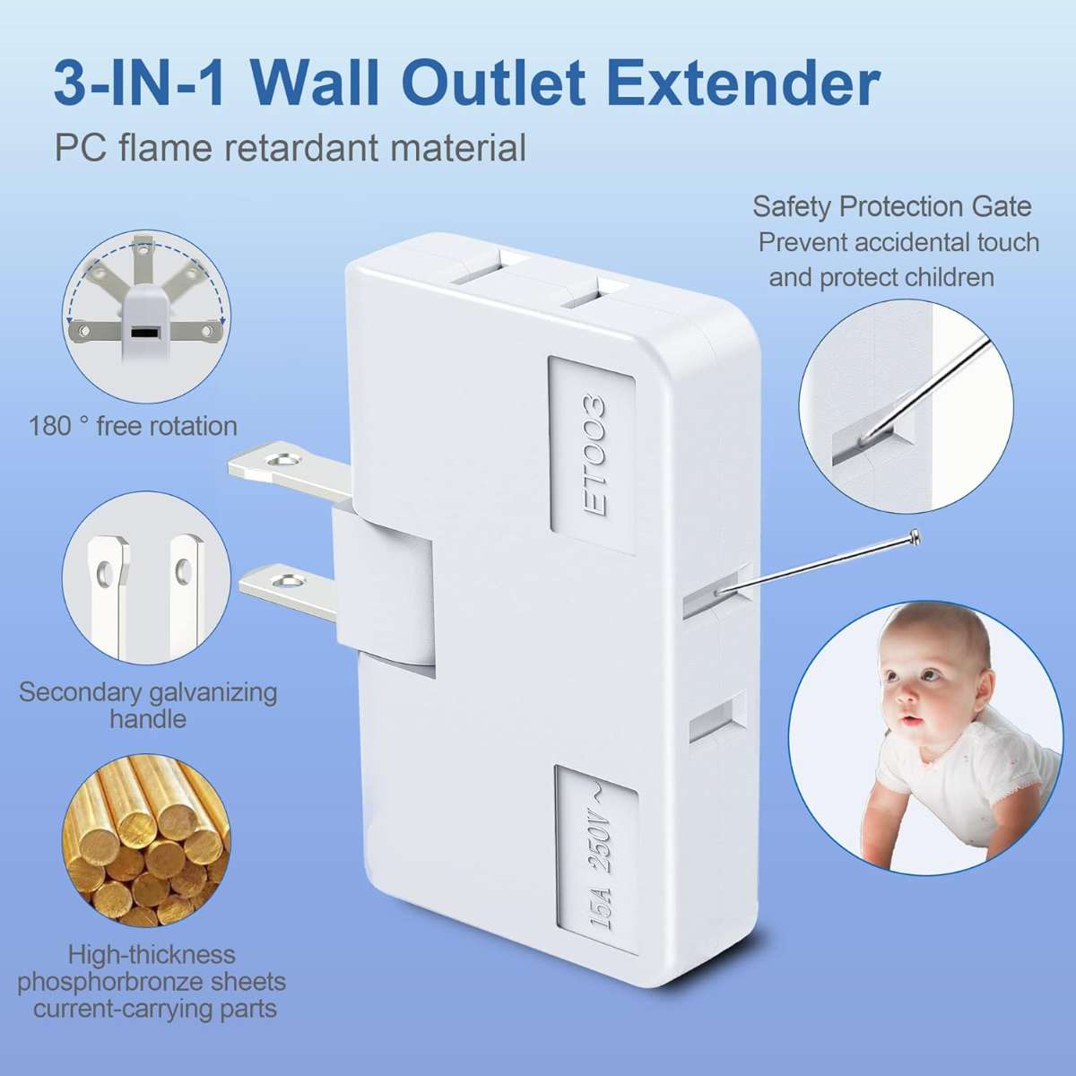 3-Way Flat Wall Outlet Extender AC Adapter, White (3-Pack)