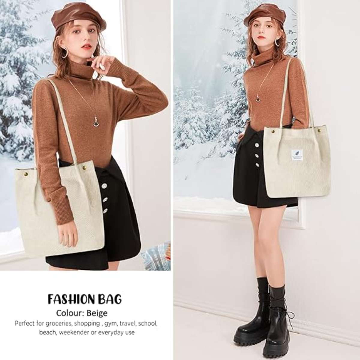 Corduroy Tote Bag for Women Canvas Shoulder Cord Purse with Inner Pocket
