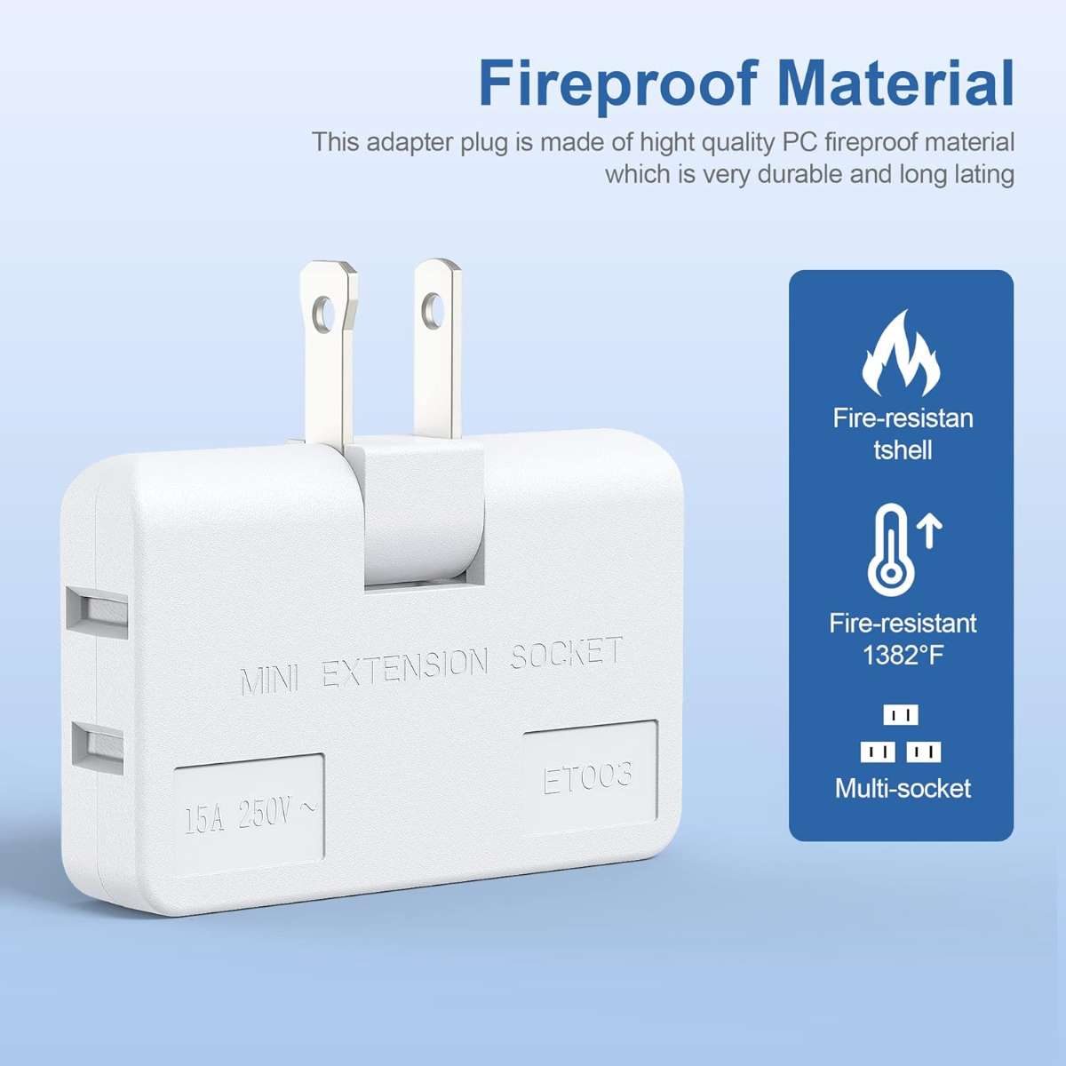 3-Way Flat Wall Outlet Extender AC Adapter, White (3-Pack)