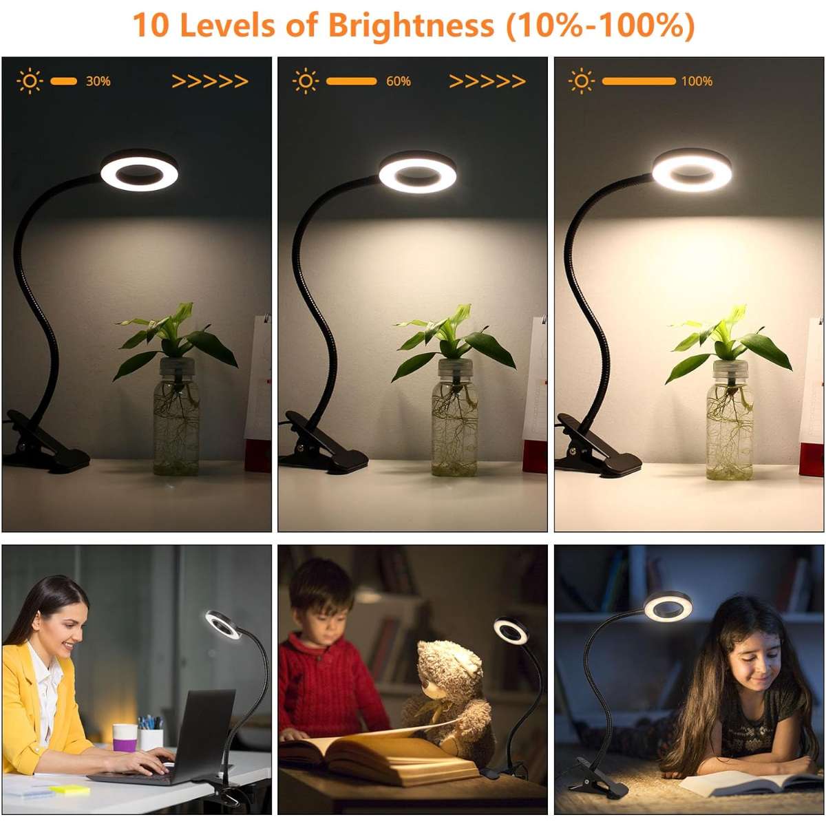 Desk clamp lamp with 10 dimmable brightnesses