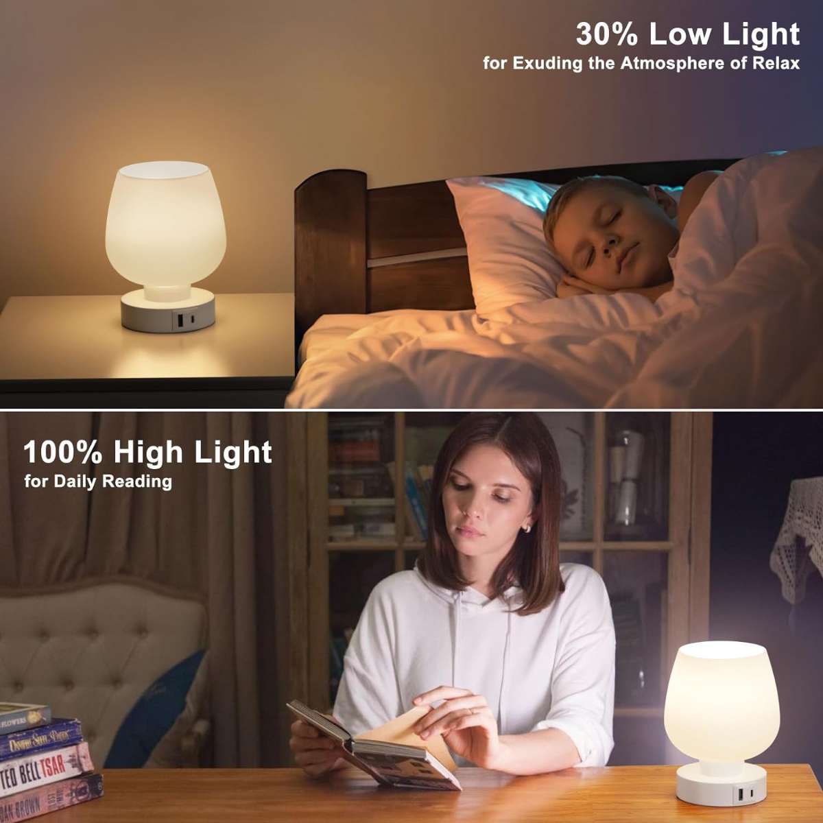 Kakano bedside lamp with glass shade