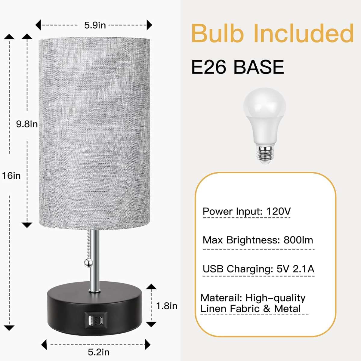 3 Color Warm Bedside Light Bedside Table Light with USB (Grey)