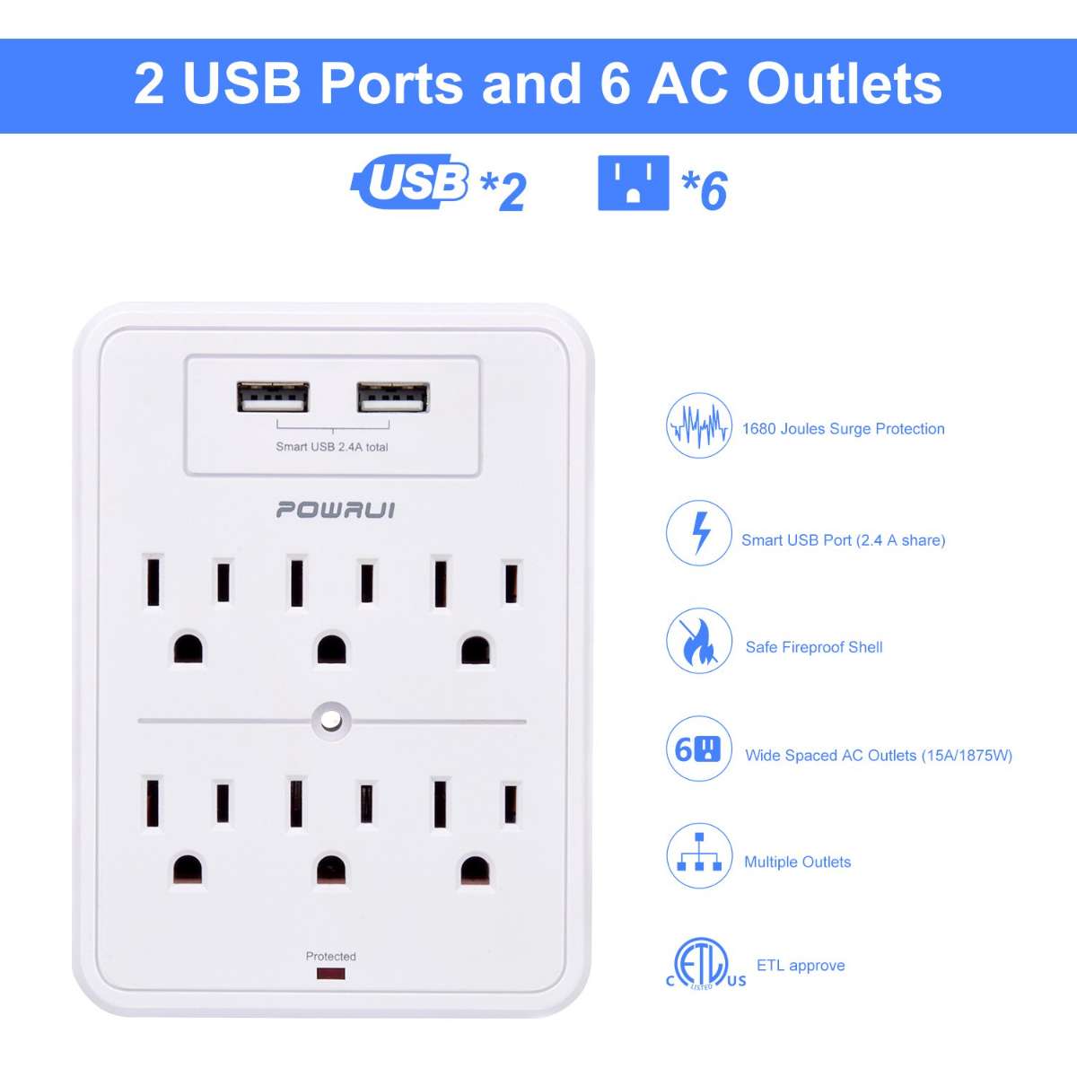 POWRUI Surge Protector, White, ETL Listed