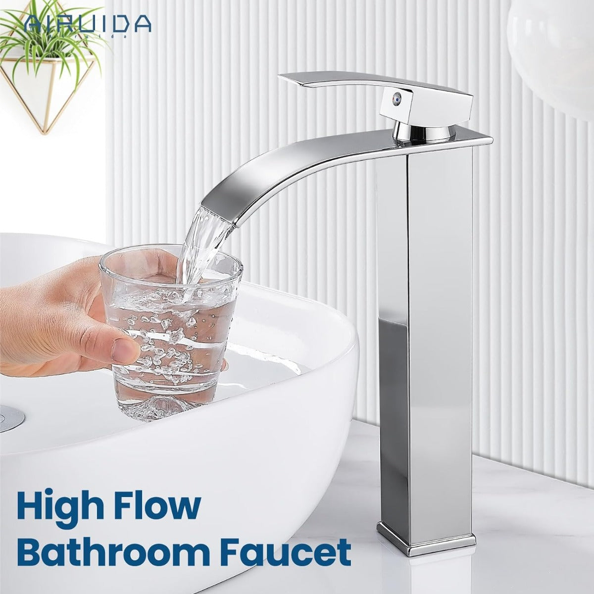 Airuida High bathroom faucet single handle single hole large waterfall spout