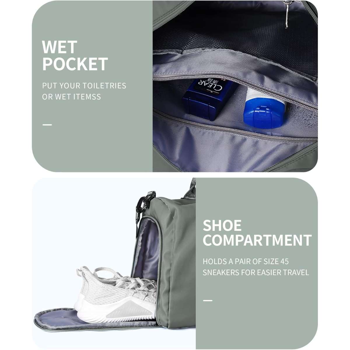 Women's men's duffle bag with shoe compartment and wet pockets