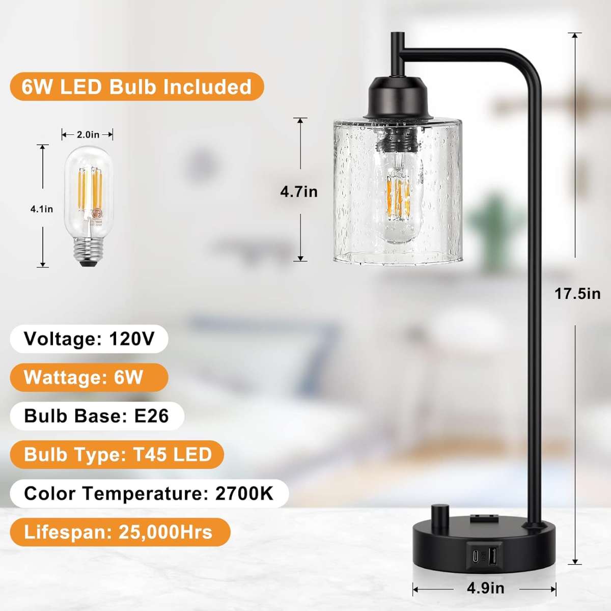 Industrial bedside table lamp for bedroom - Bedside table lamp with USB C charging port