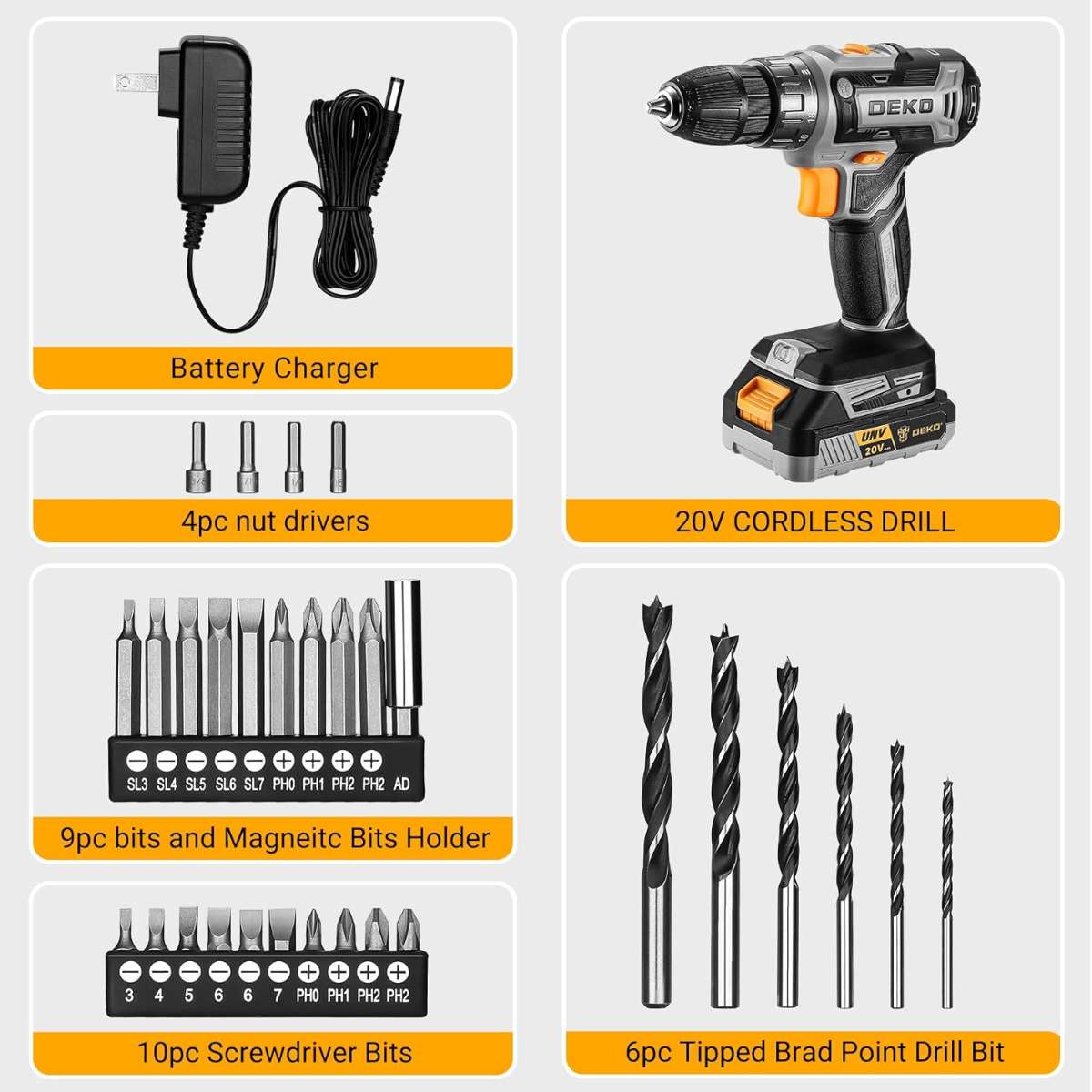 Cordless Drill: DEKO PRO Cordless Drill 20V Drill Kit Tool Drill Cordless Set