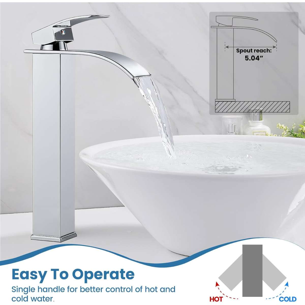 Airuida High bathroom faucet single handle single hole large waterfall spout