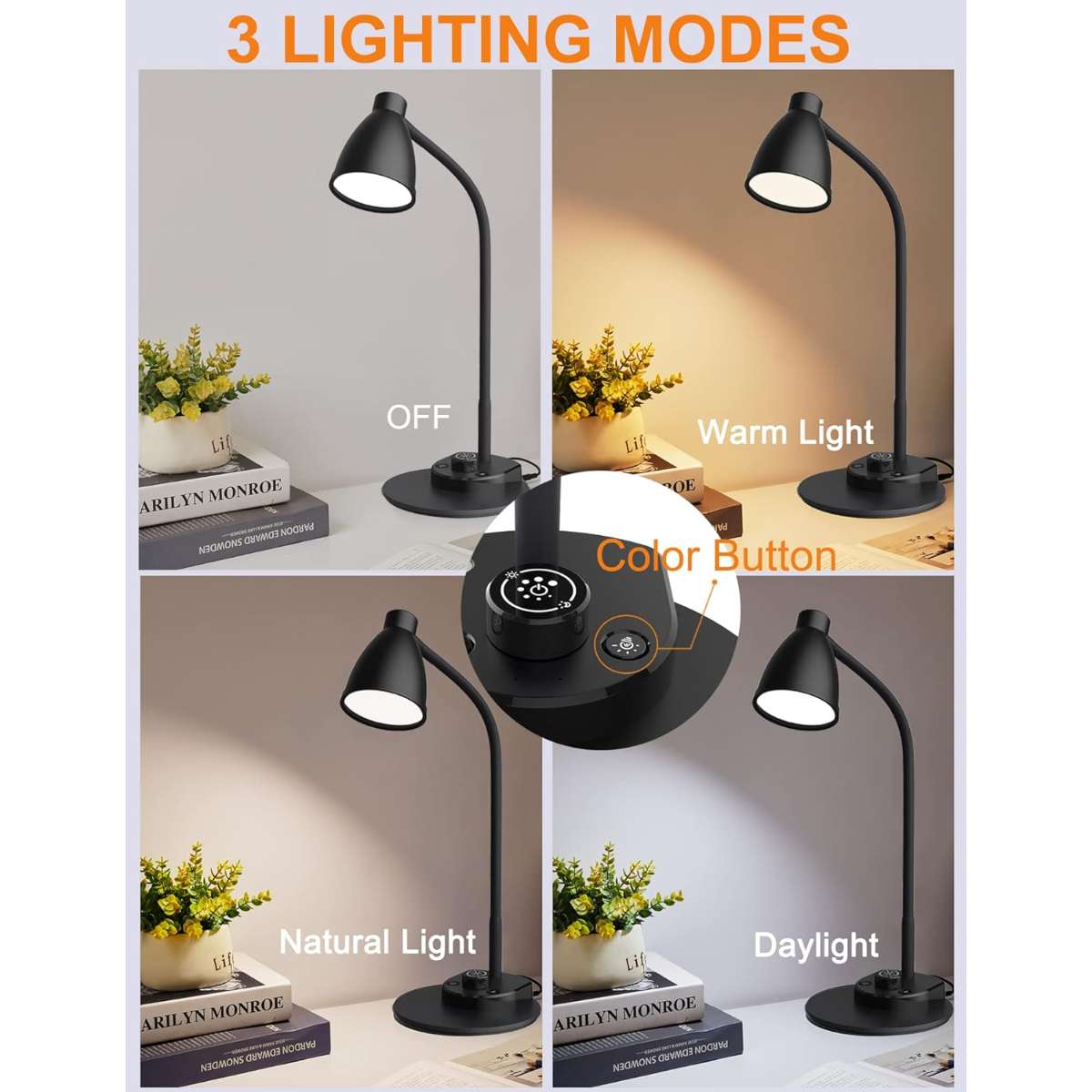 BOHON LED table lamp with USB charging port 3 color modes