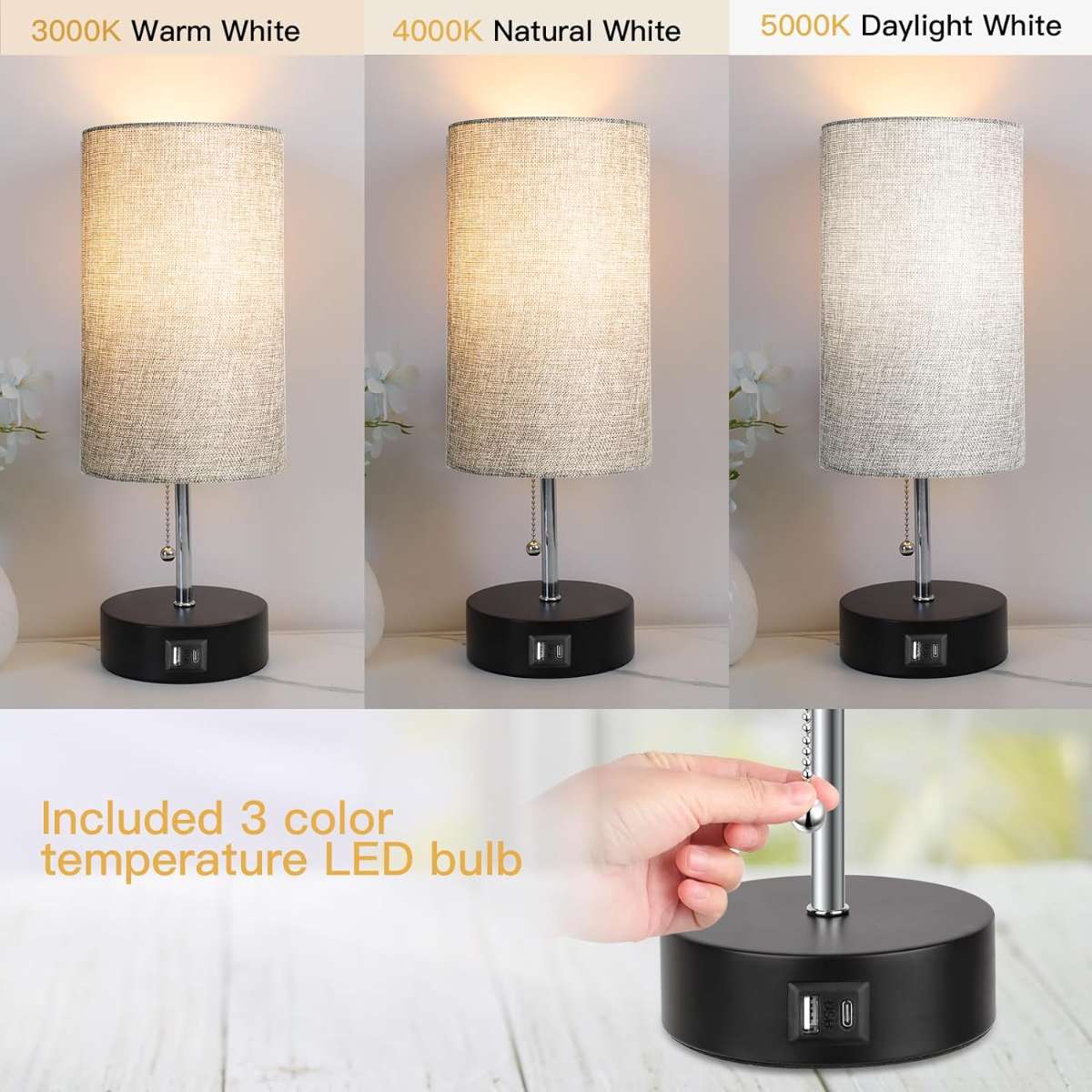 3 Color Warm Bedside Light Bedside Table Light with USB (Grey)