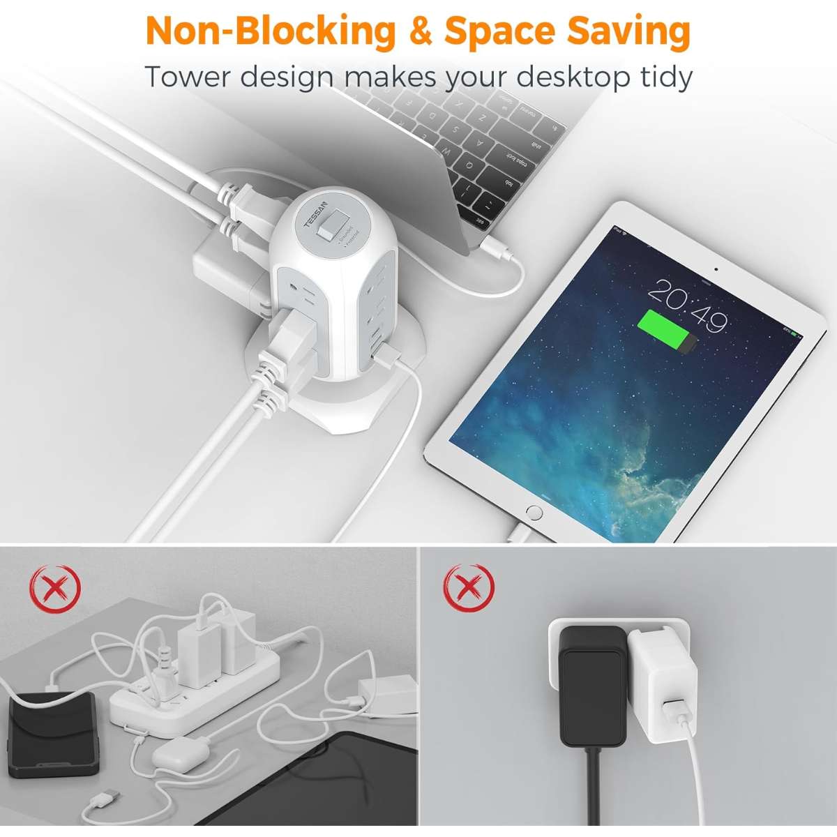 Tower Power Strip Flat Plug with 11 Sockets 3 USB