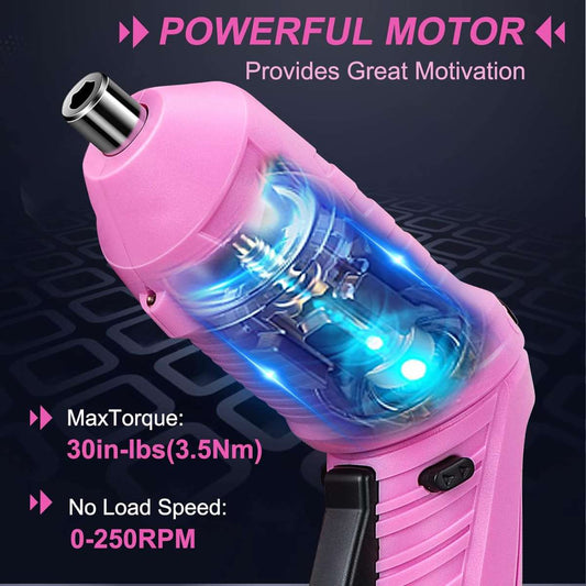 Pink cordless screwdriver set with rechargeable battery and charger