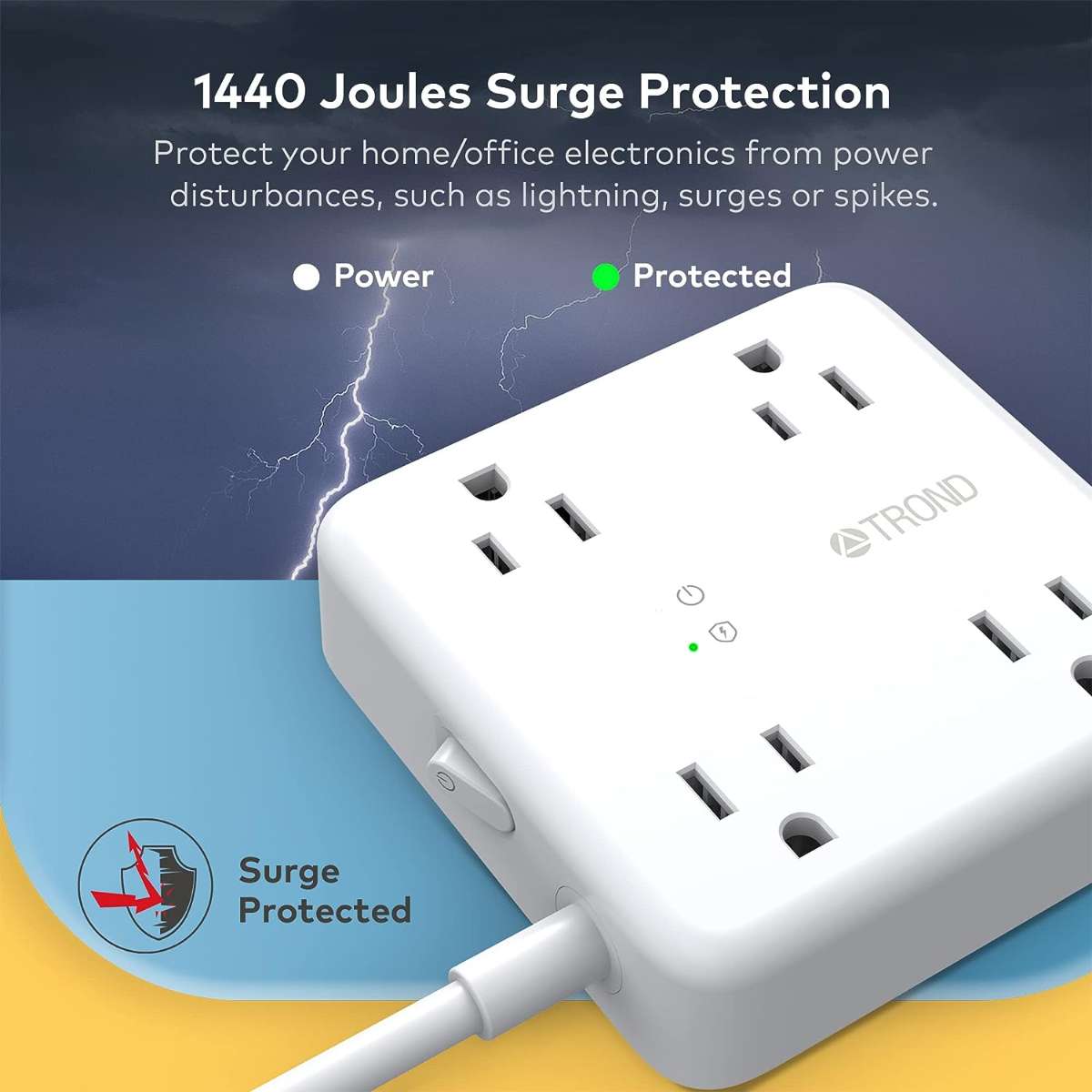 TROND Power Strip Surge Protector - Slim Flat Plug, White