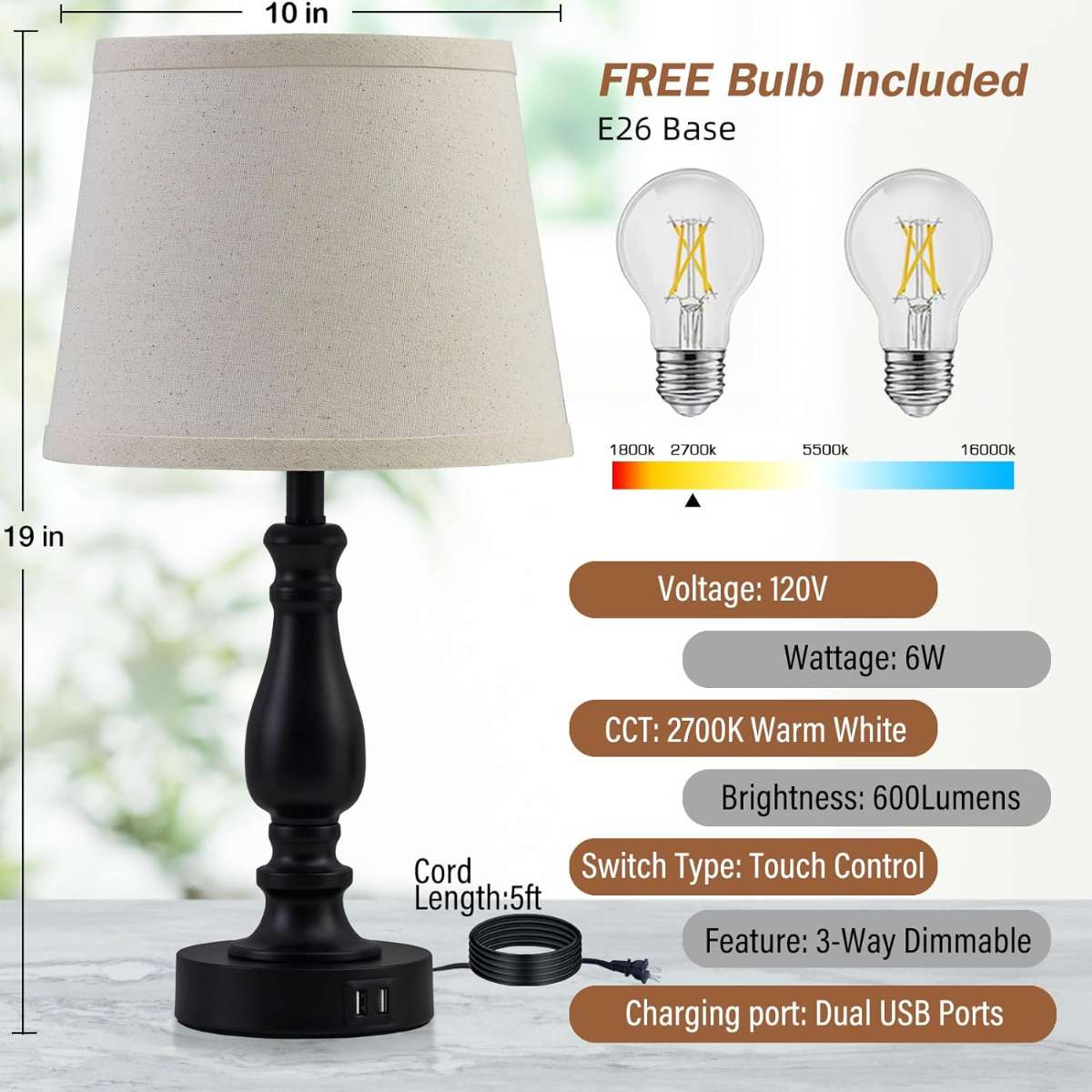 Bedroom light 2-piece set, touch bedside table lamp with USB port