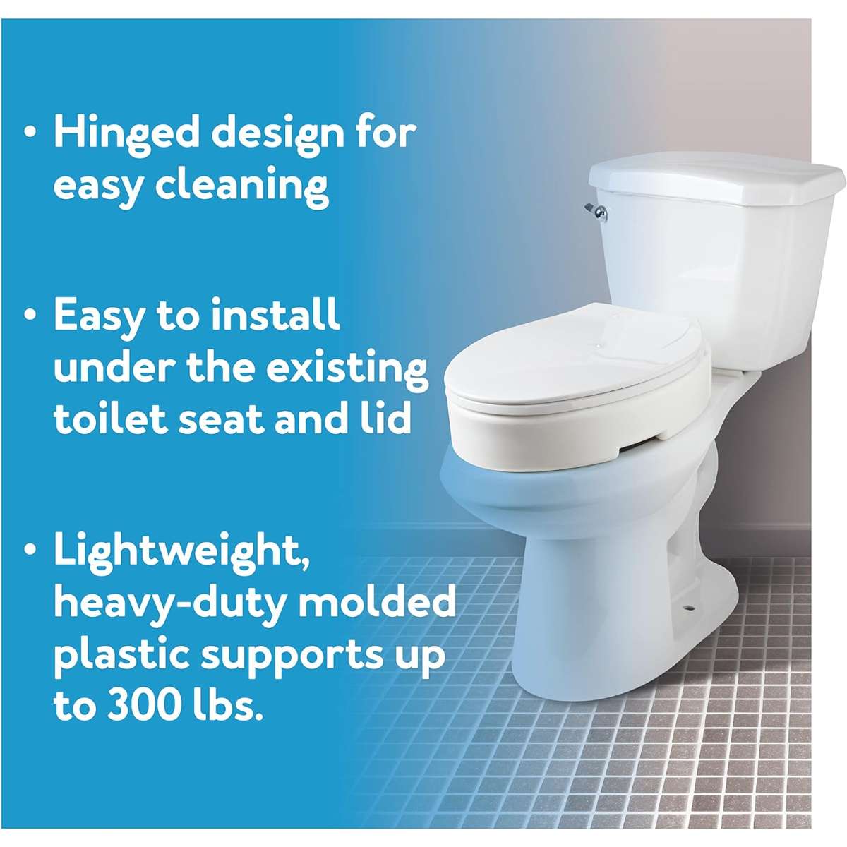 Bathroom wipe aid Carex Extended Hinge raises toilet seat