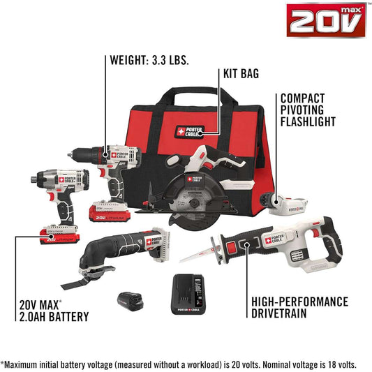 PORTER-CABLE PCCK617L6 20V MAX* Lithium Ion 6-Tool Combo Kit with Free USB Device