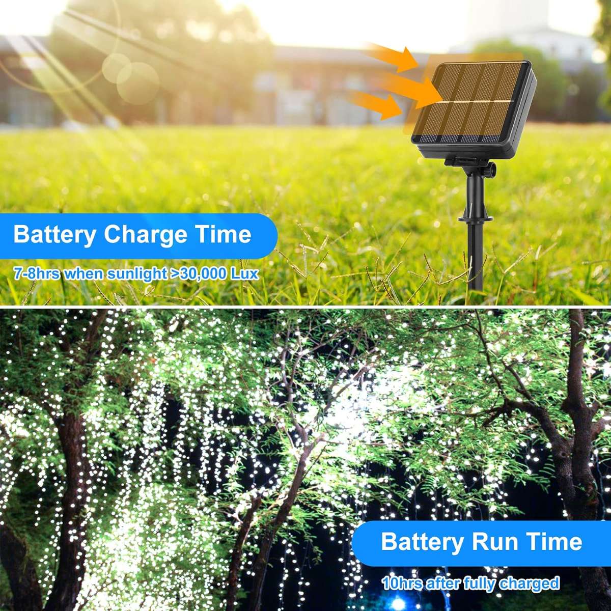 Extra-long 288 ft solar fairy string lights, 4 pcs each with 72 ft. 200 LEDs