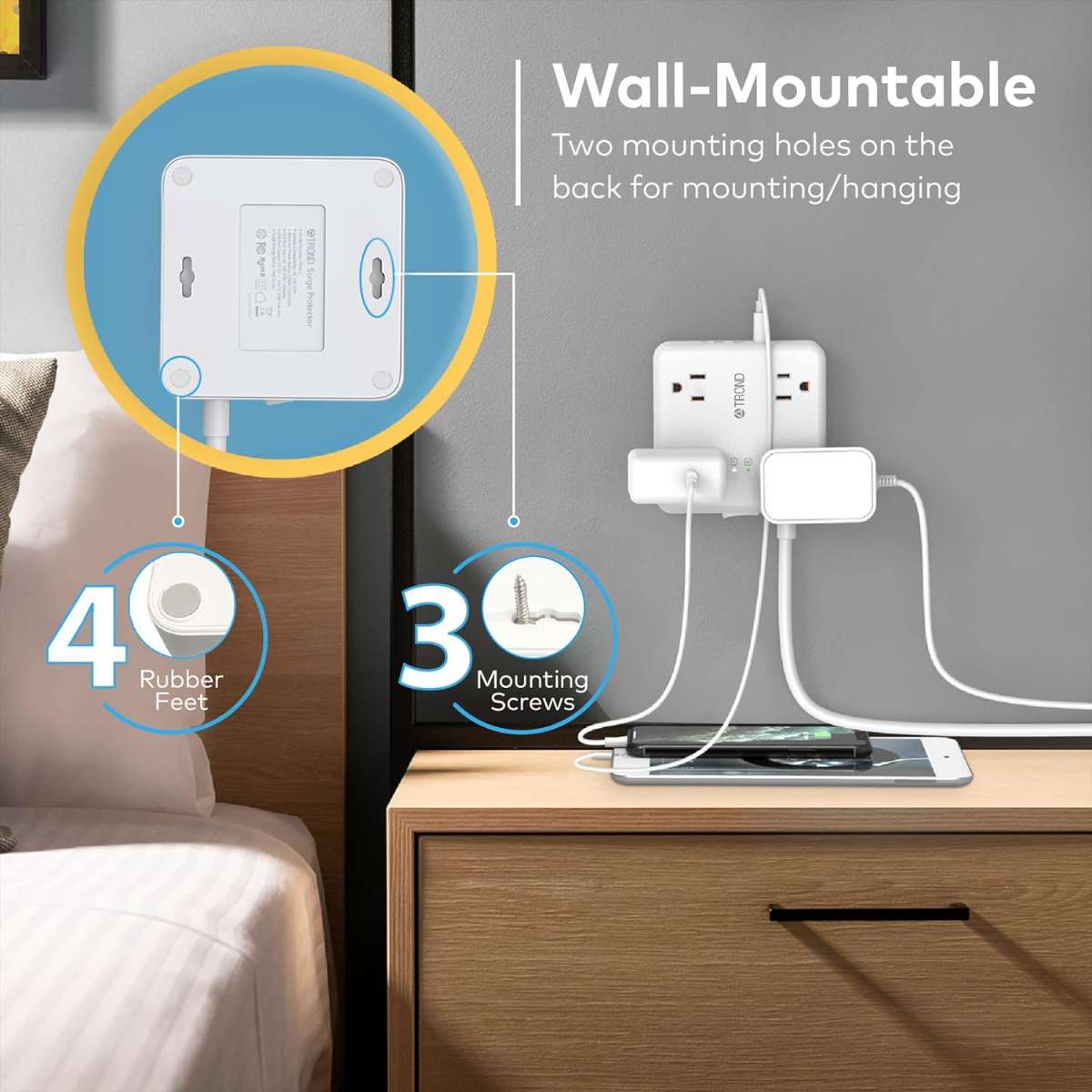 TROND Power Strip Surge Protector - Slim Flat Plug, White