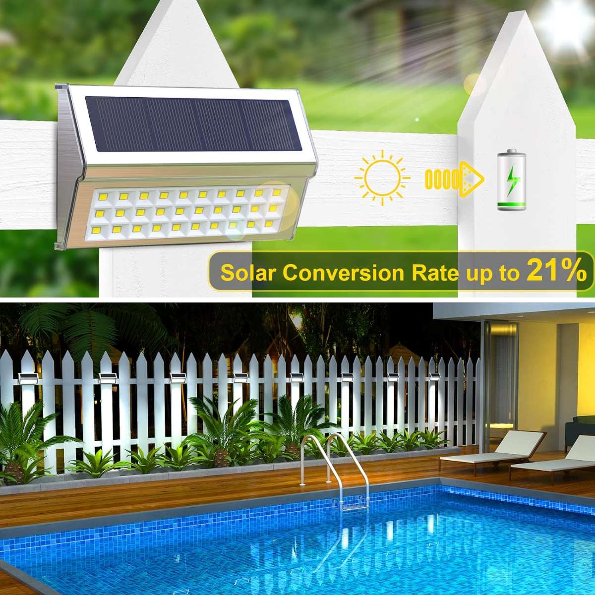 ROSHWEY Solar Outdoor Light, 10 Pack of 30 LED Fence Lights, Cool White Light