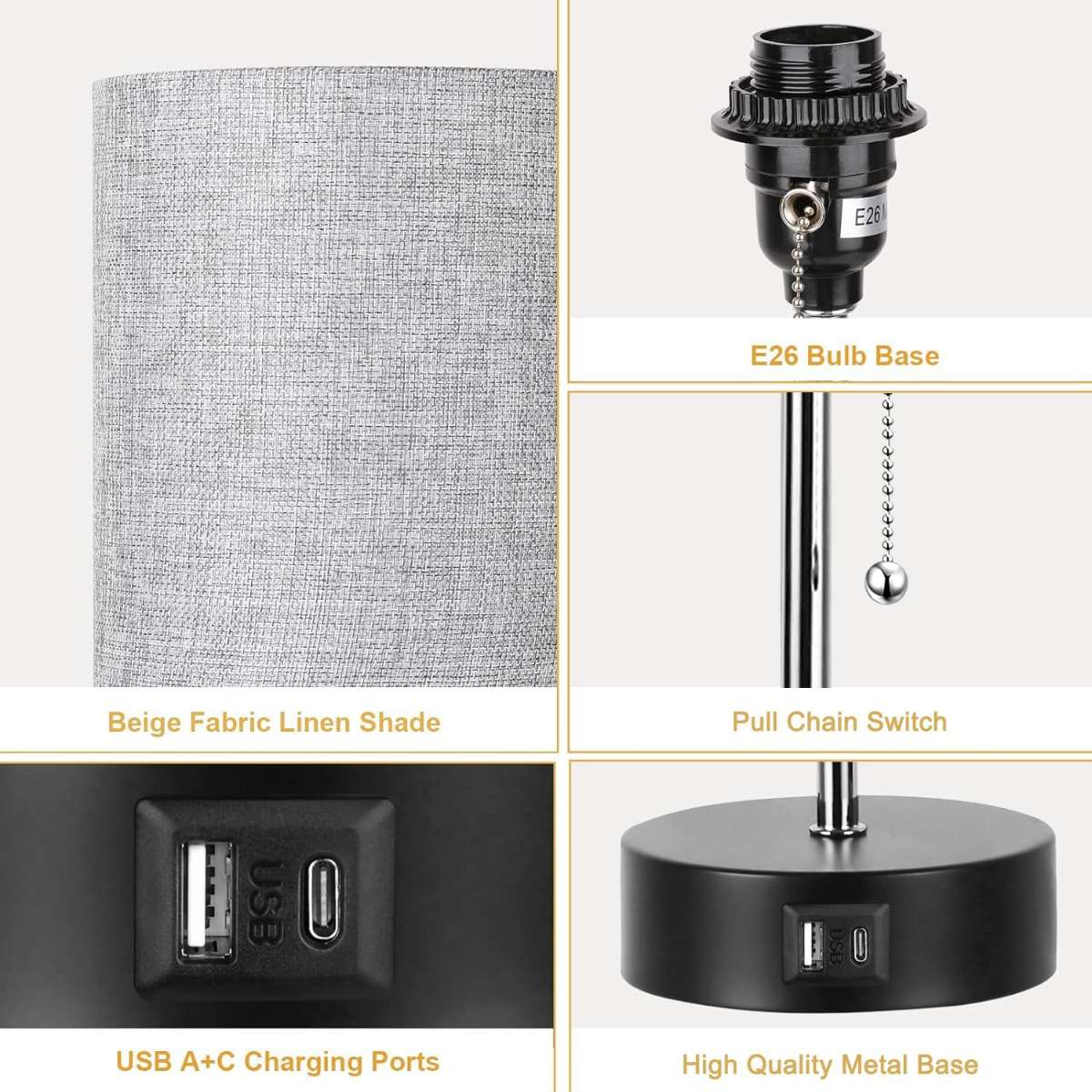 3 Color Warm Bedside Light Bedside Table Light with USB (Grey)